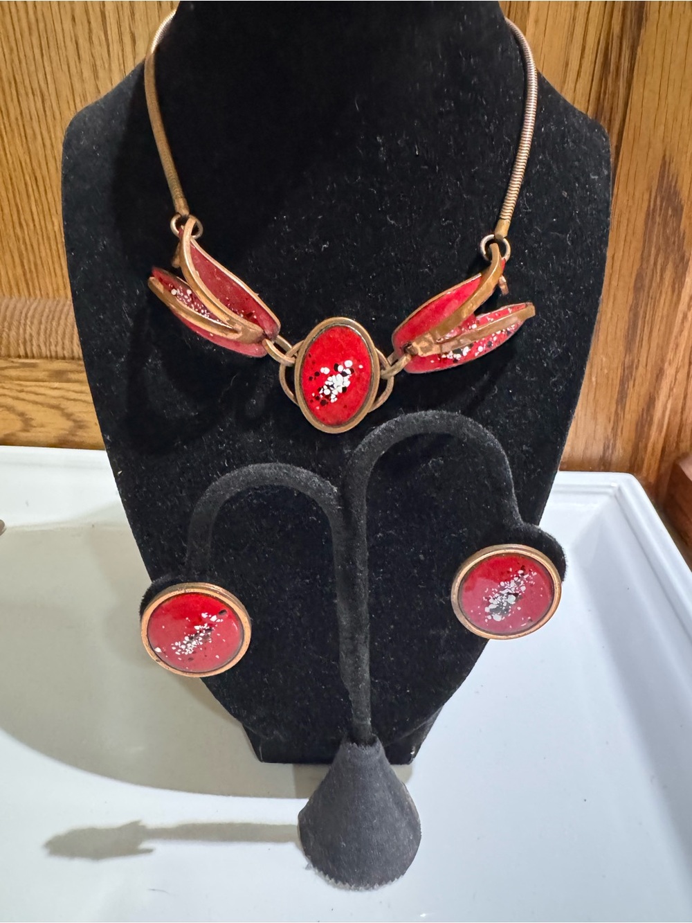 Vintage Modernist Frank Rebajes Copper Enamel Necklace and Matching Earrings